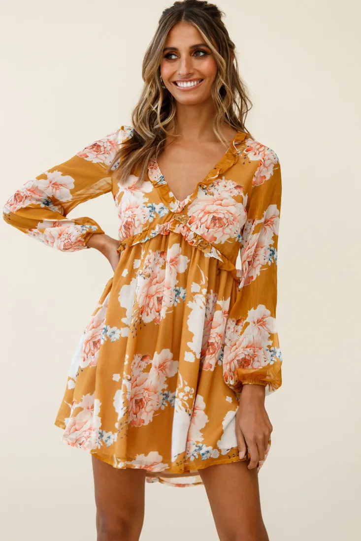 Cutie Pie Long Sleeve Babydoll Dress Rose Print Mustard