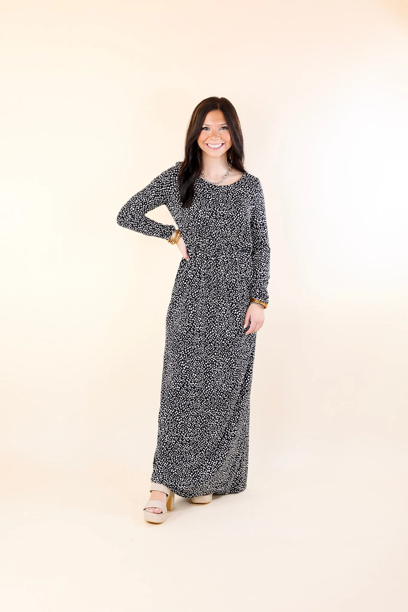 Downtown Spotlight Long Sleeve Dotted Babydoll Maxi Dress in Black