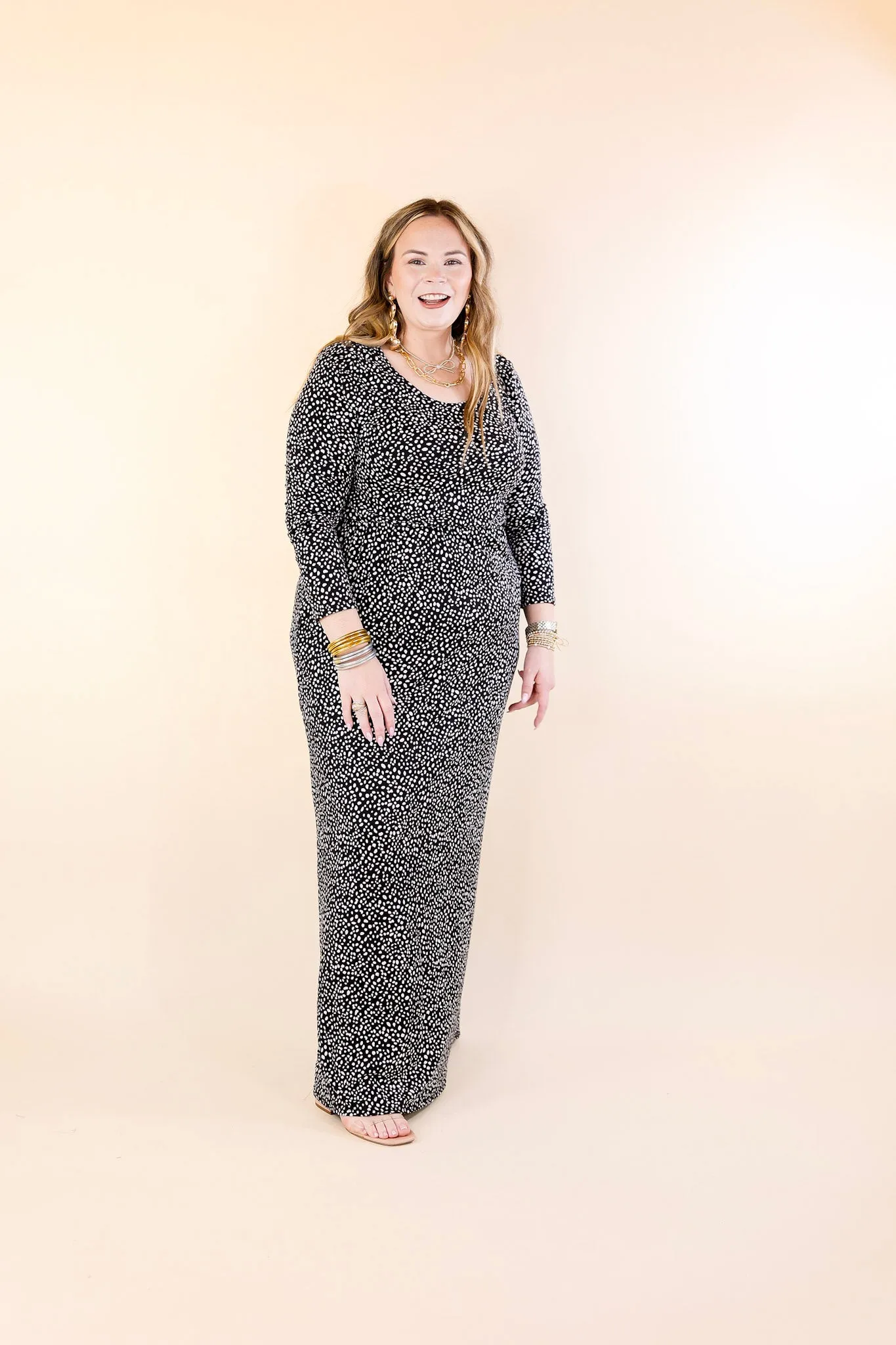 Downtown Spotlight Long Sleeve Dotted Babydoll Maxi Dress in Black