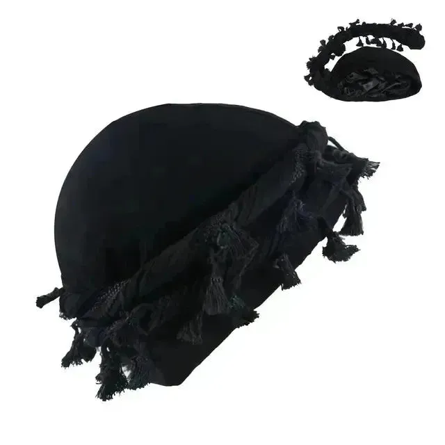 Edgy Cotton Bandana Beanie with Fringe Tail