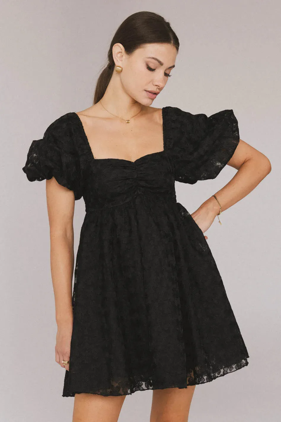 Elodie Floral Babydoll Dress in Black