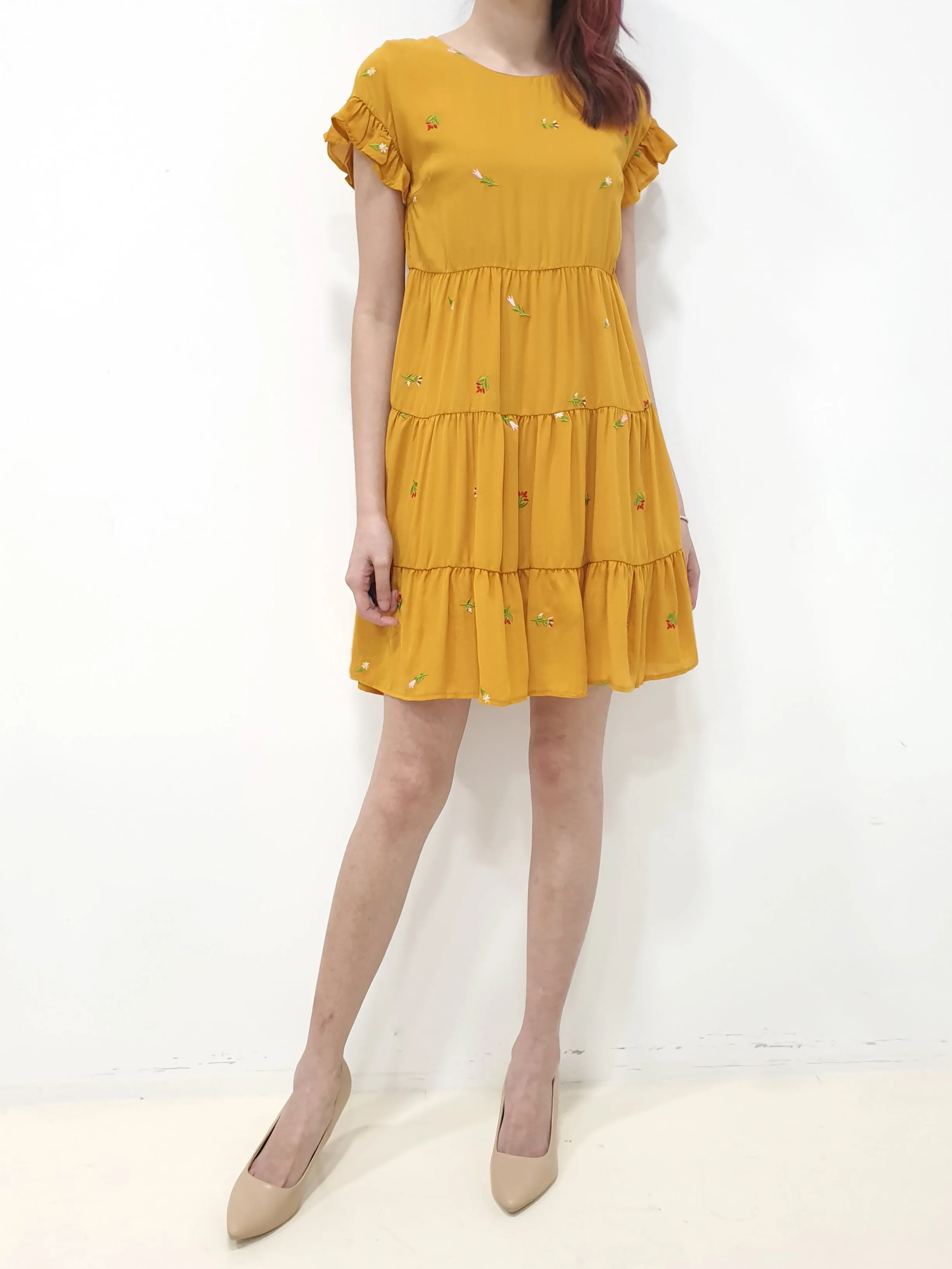 Embroidered Frills Babydoll Dress - Mustard (Non-returnable)