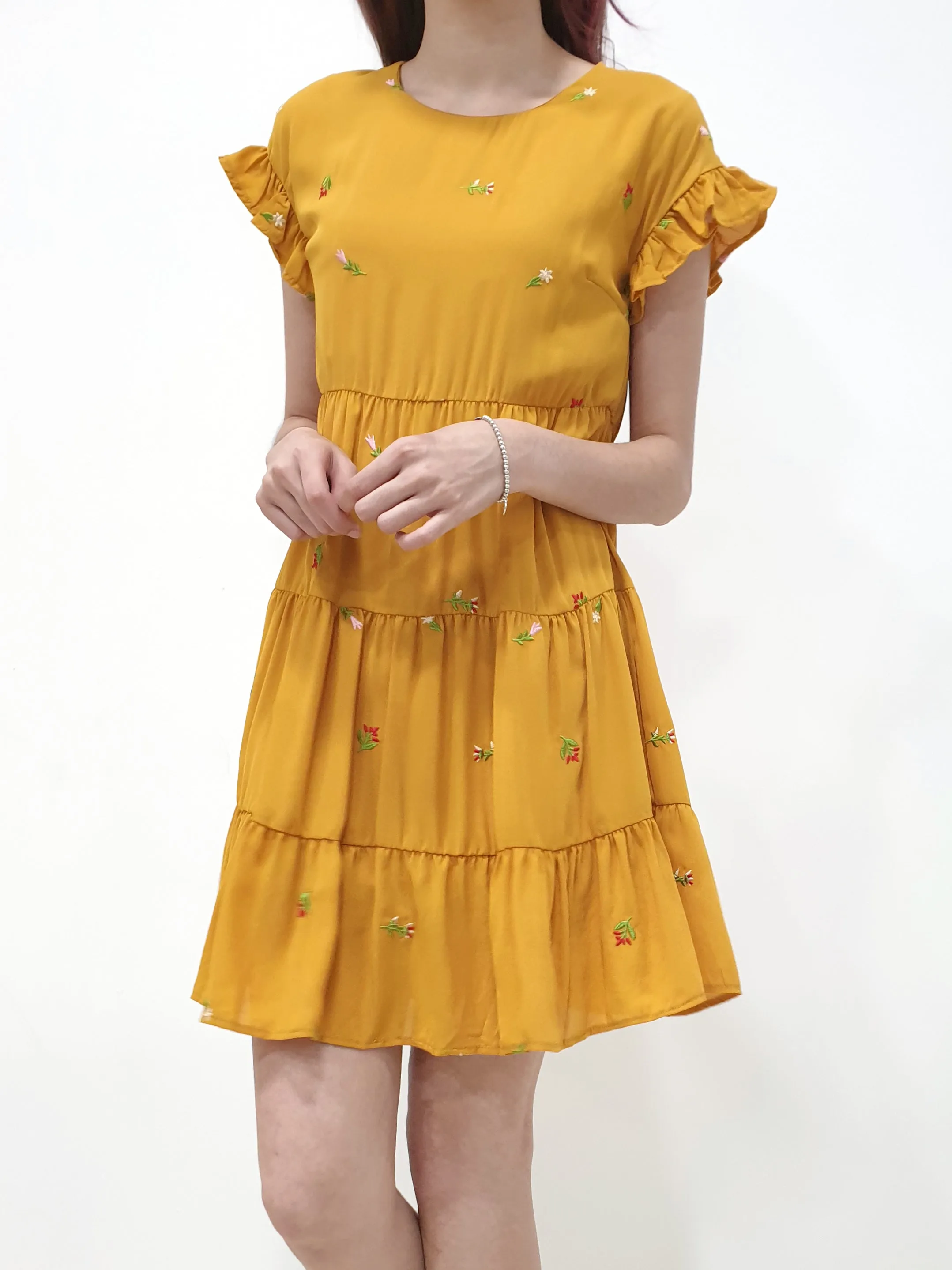 Embroidered Frills Babydoll Dress - Mustard (Non-returnable)