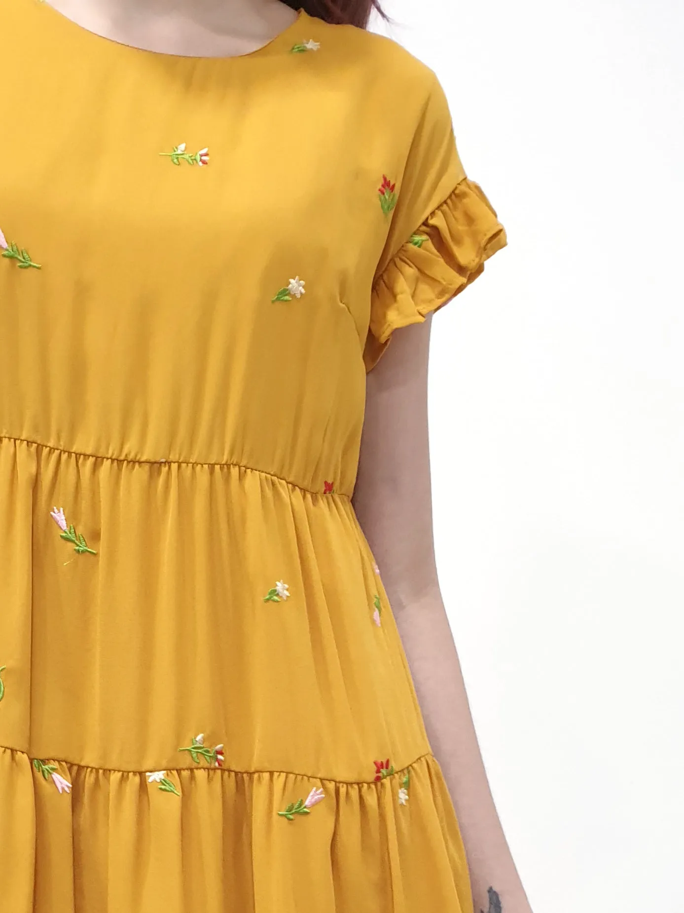 Embroidered Frills Babydoll Dress - Mustard (Non-returnable)