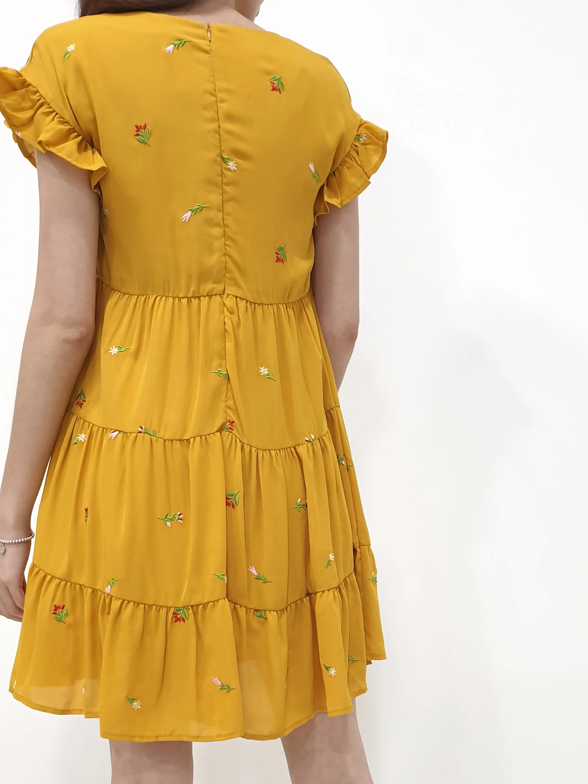 Embroidered Frills Babydoll Dress - Mustard (Non-returnable)