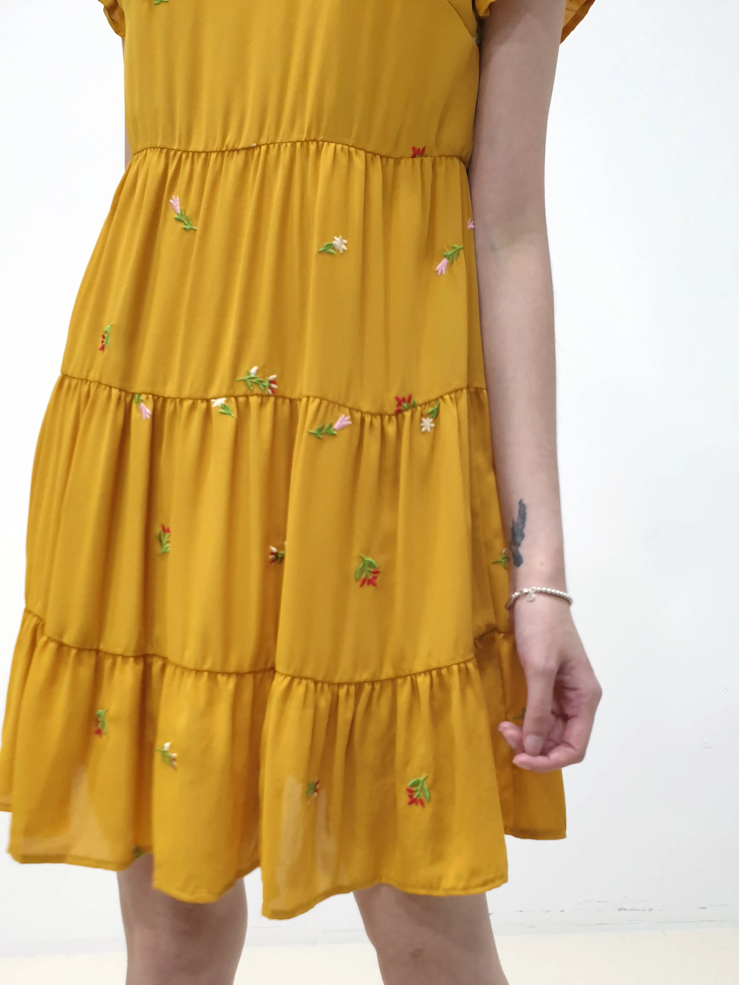 Embroidered Frills Babydoll Dress - Mustard (Non-returnable)