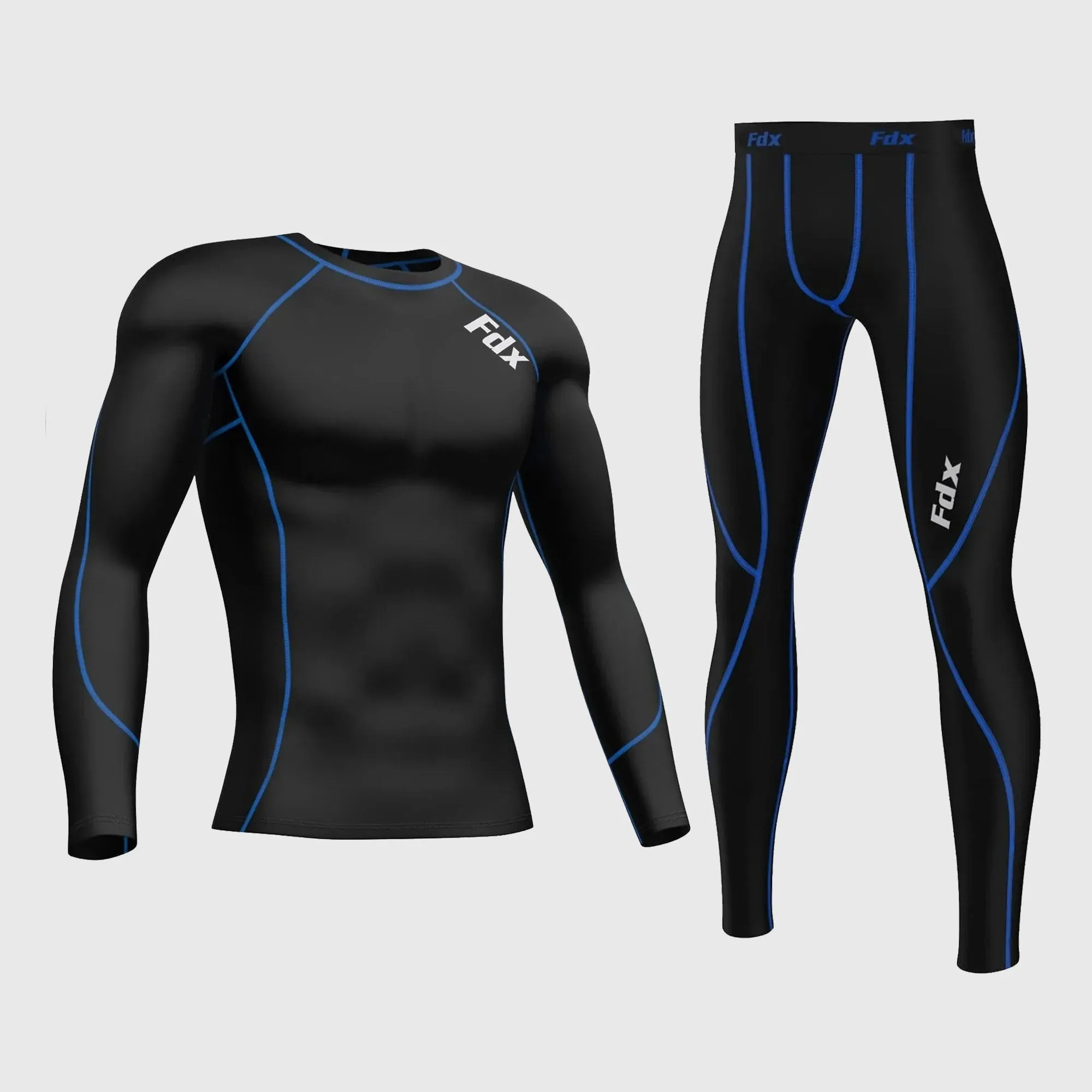 Fdx Men's & Boy's Set Blue Thermolinx Compression Base Layer Shirt & Leggings