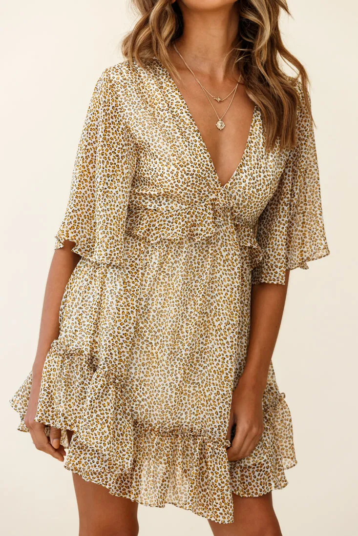 Flissy Angel Sleeve Cut-Out Babydoll Dress Leopard Print Mustard