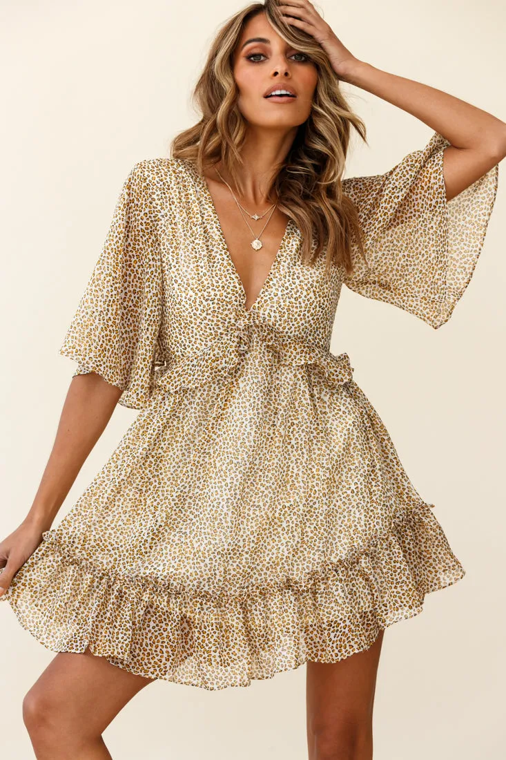 Flissy Angel Sleeve Cut-Out Babydoll Dress Leopard Print Mustard