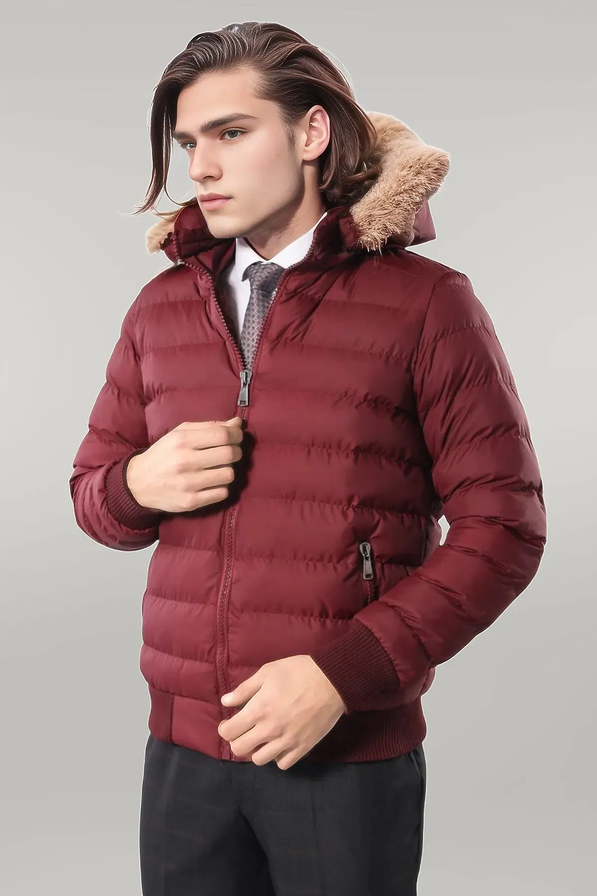 Fur Hooded Burgundy Men Down Coat - Wessi