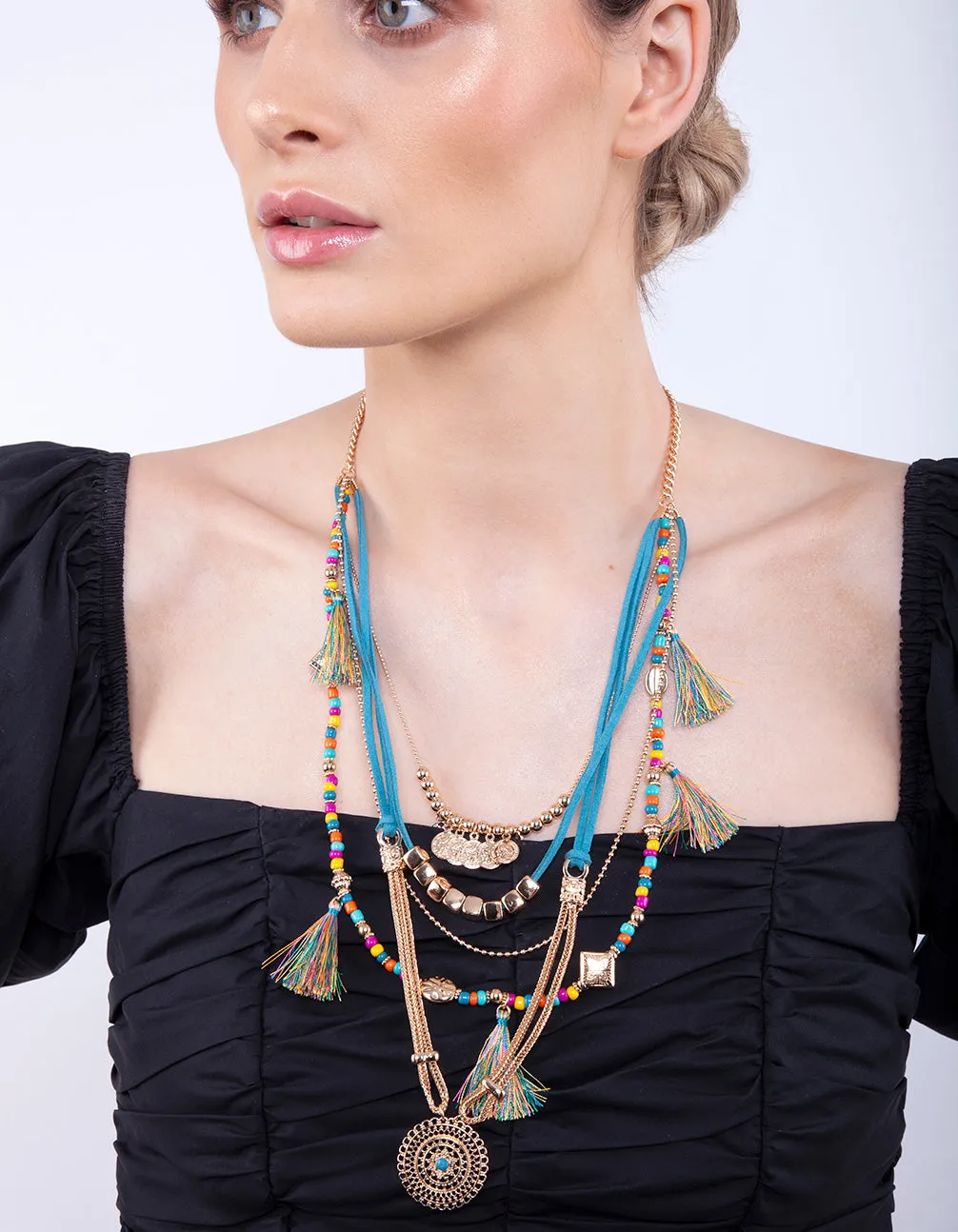 Gold Blue Bohemian Layered Necklace