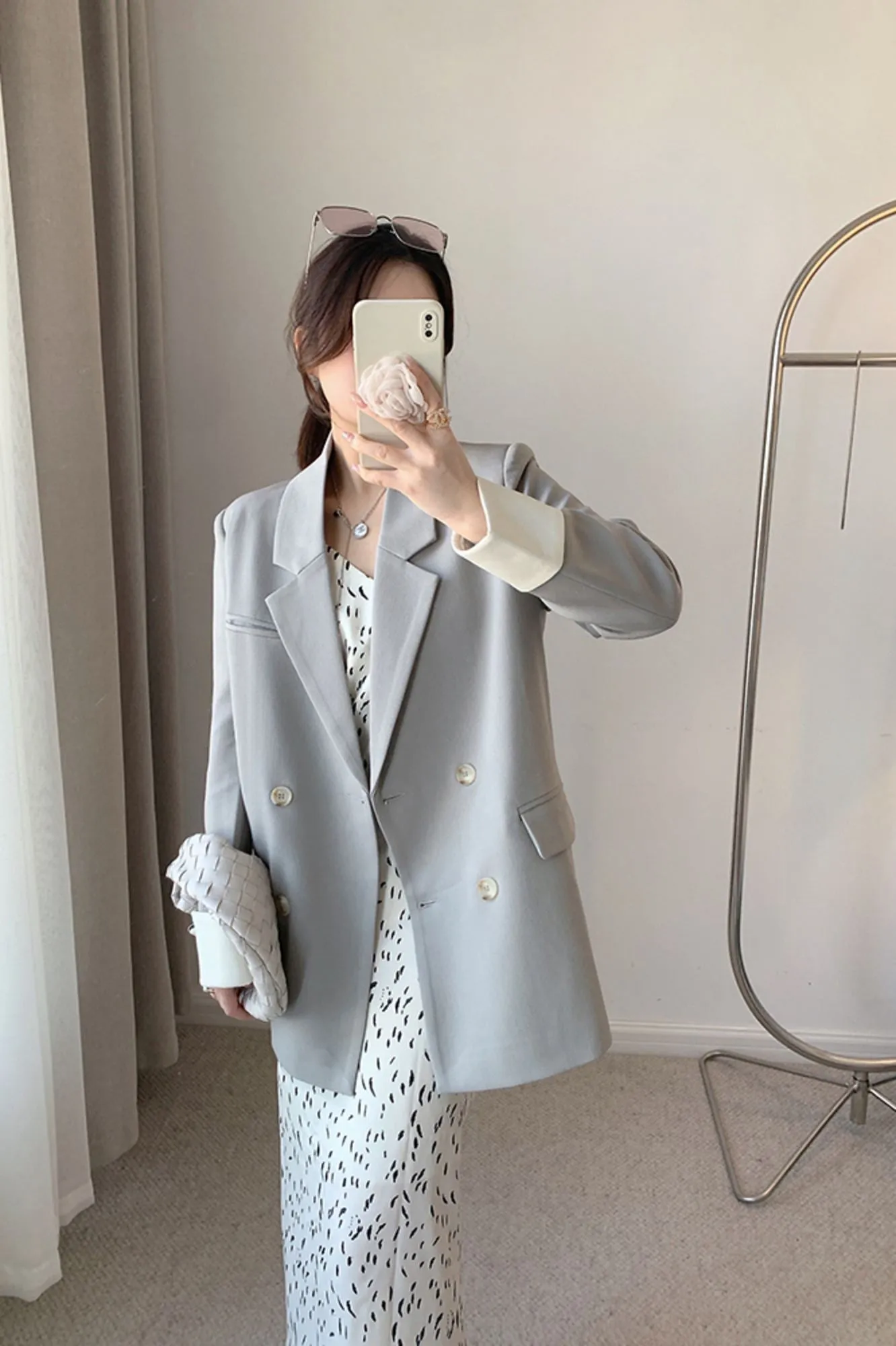 Gray Rolled Sleeve Double Breasted  Blazer