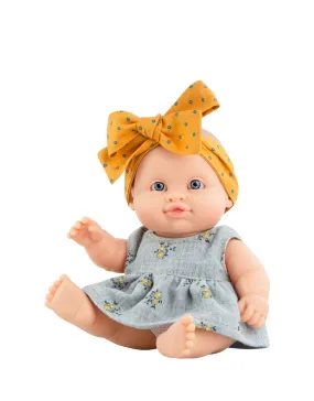 Irina with Floral Gray Dress and Mustard Polka Dot Bow Headband - Peques Doll