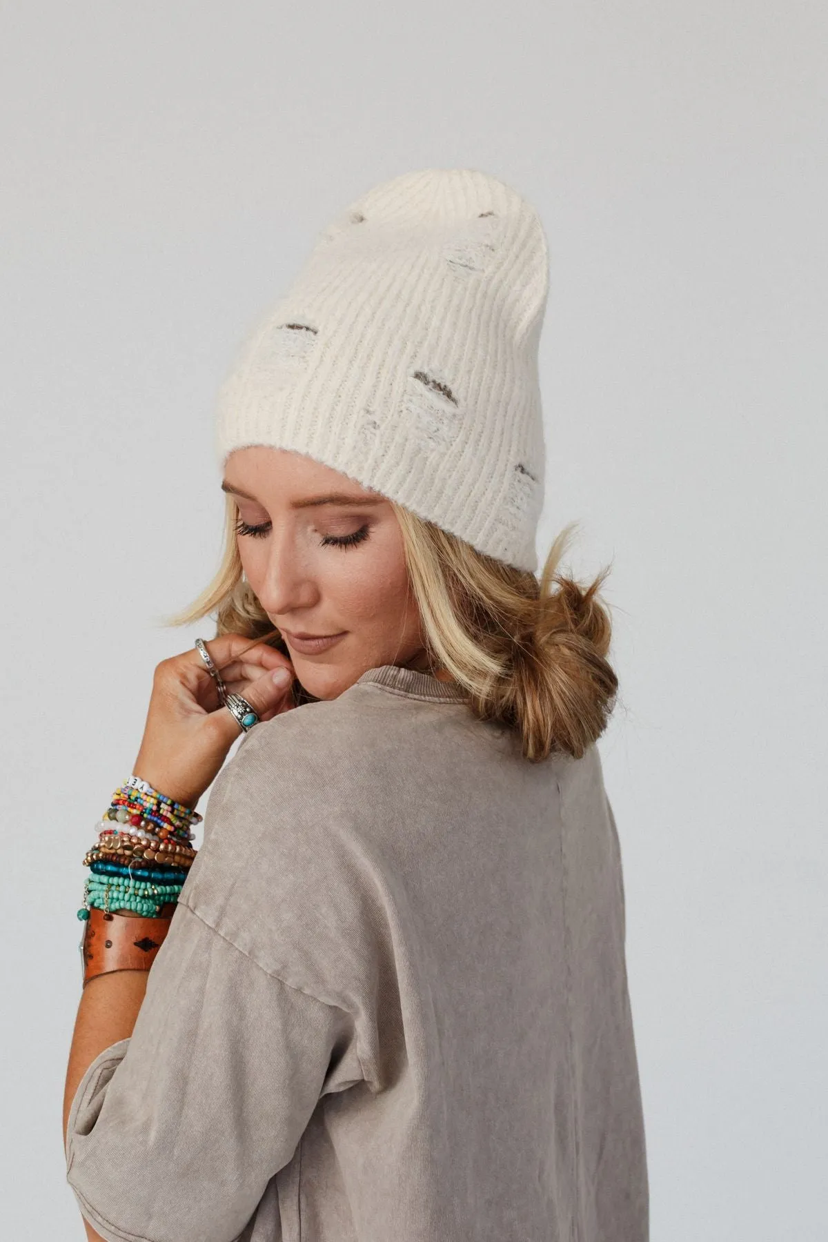 Jenice Distressed Beanie - Ivory