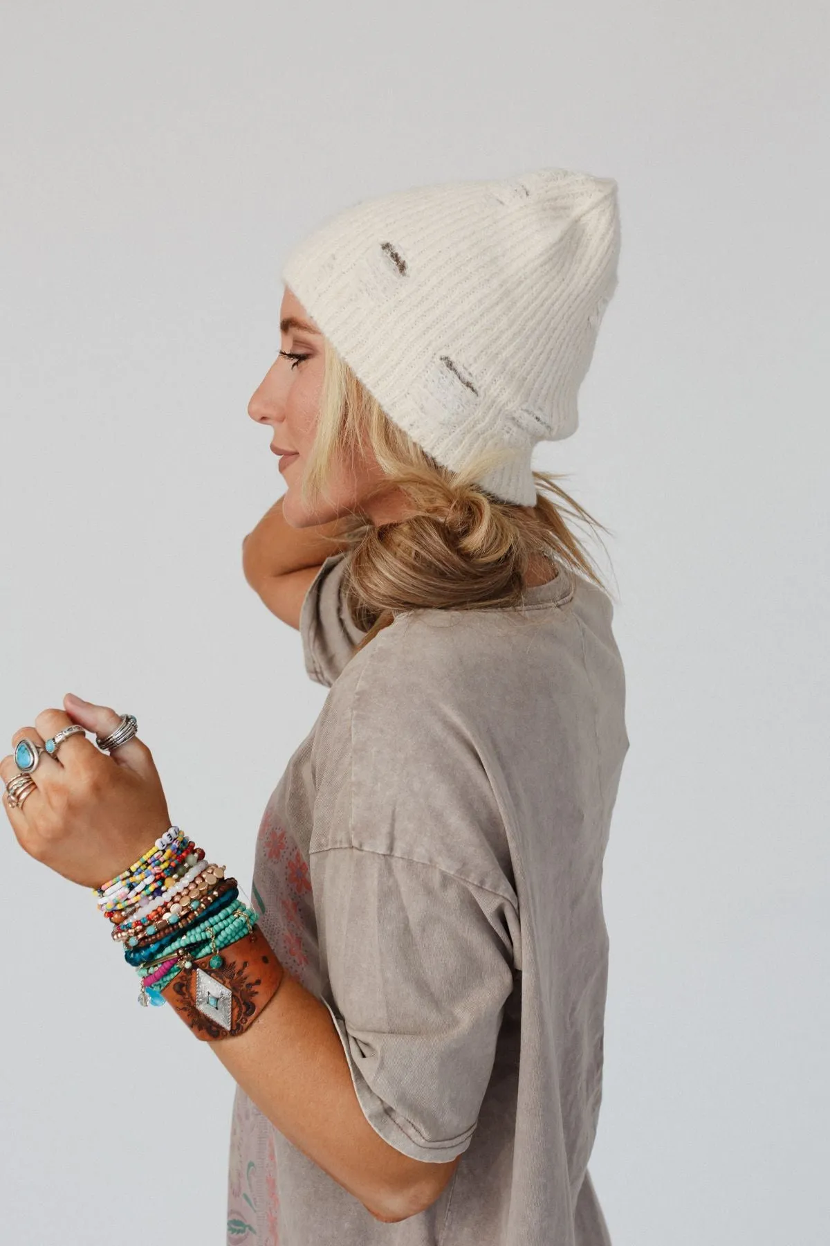 Jenice Distressed Beanie - Ivory