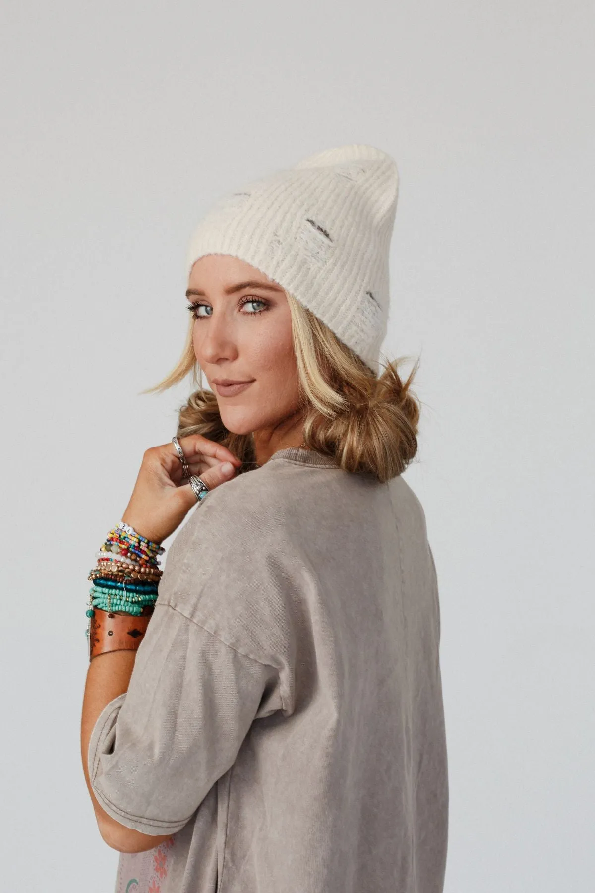 Jenice Distressed Beanie - Ivory