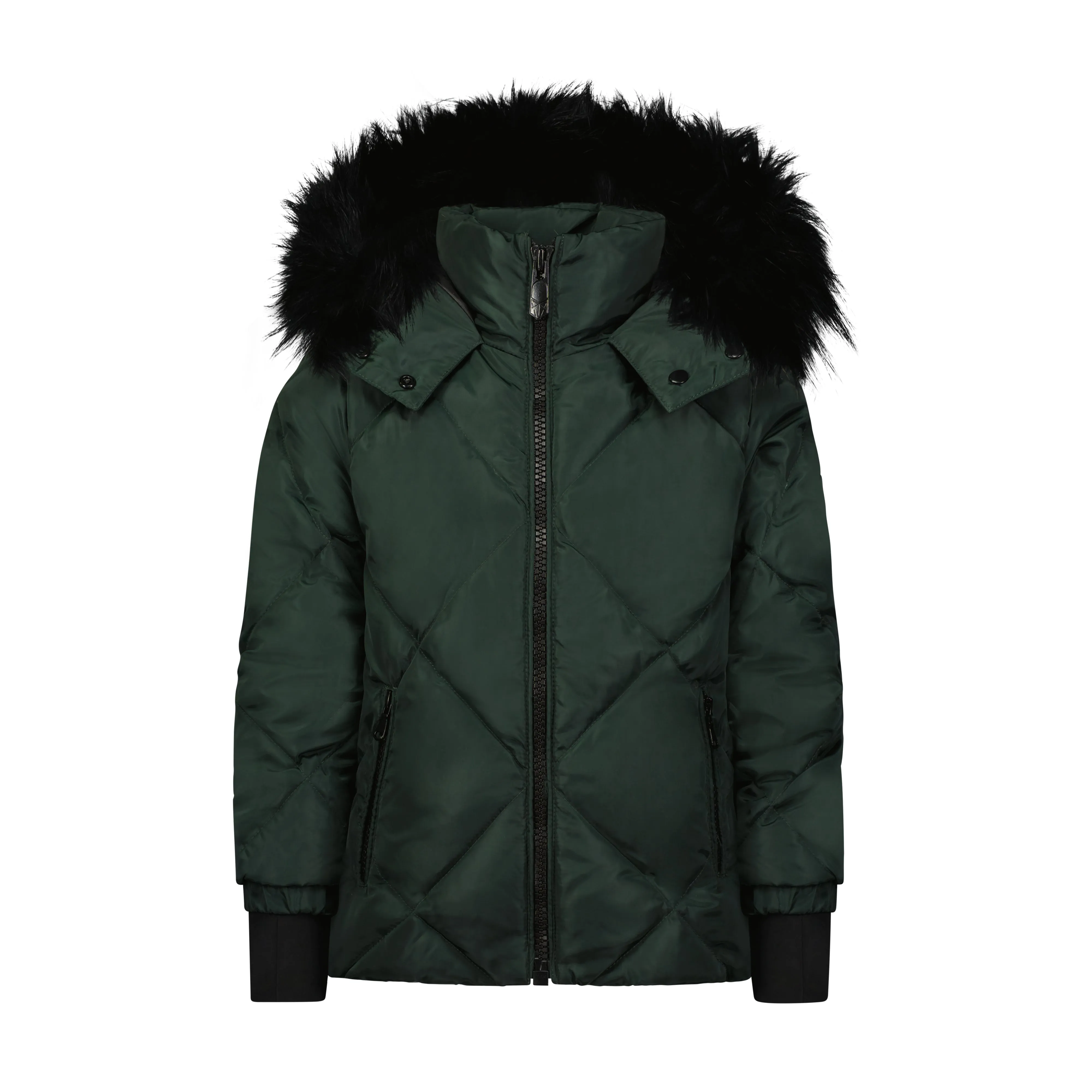 KIDS QUILTED COAT-Green/Black fur