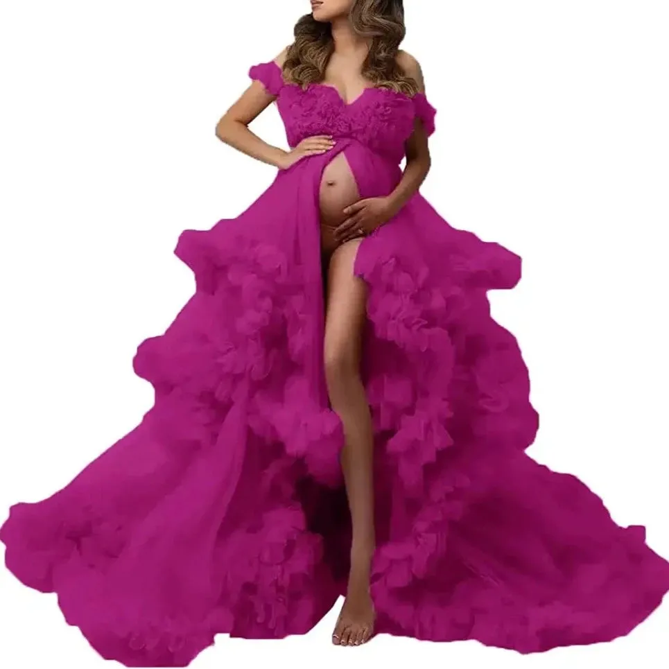 Ladies Gown Perspective Sheer Long Robe Puffy Tulle Robe Sheer for Maternity Photoshoot