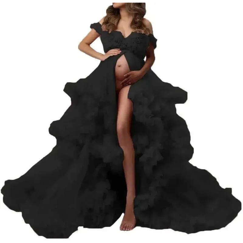 Ladies Gown Perspective Sheer Long Robe Puffy Tulle Robe Sheer for Maternity Photoshoot