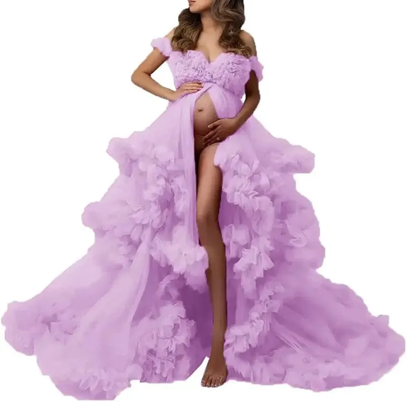 Ladies Gown Perspective Sheer Long Robe Puffy Tulle Robe Sheer for Maternity Photoshoot