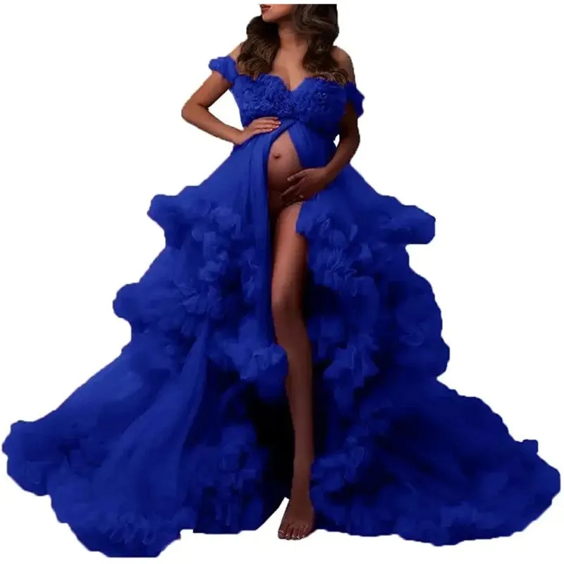 Ladies Gown Perspective Sheer Long Robe Puffy Tulle Robe Sheer for Maternity Photoshoot