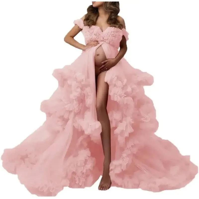 Ladies Gown Perspective Sheer Long Robe Puffy Tulle Robe Sheer for Maternity Photoshoot