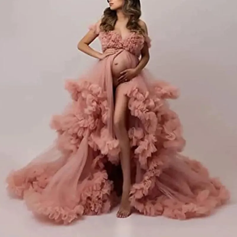 Ladies Gown Perspective Sheer Long Robe Puffy Tulle Robe Sheer for Maternity Photoshoot