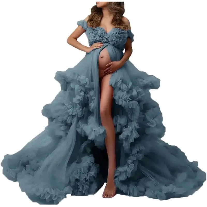 Ladies Gown Perspective Sheer Long Robe Puffy Tulle Robe Sheer for Maternity Photoshoot