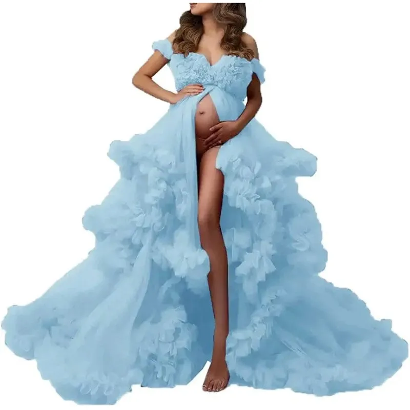 Ladies Gown Perspective Sheer Long Robe Puffy Tulle Robe Sheer for Maternity Photoshoot