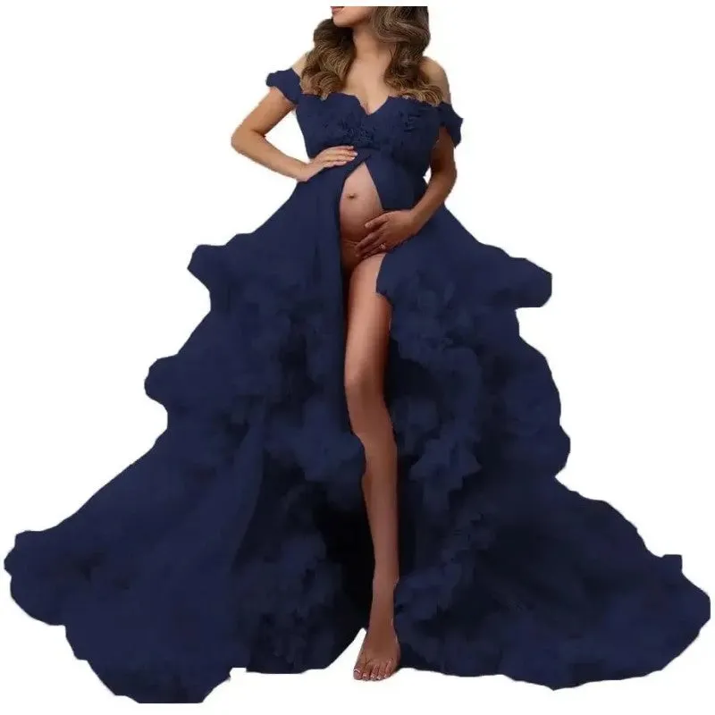 Ladies Gown Perspective Sheer Long Robe Puffy Tulle Robe Sheer for Maternity Photoshoot