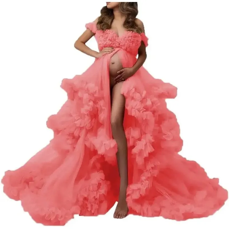 Ladies Gown Perspective Sheer Long Robe Puffy Tulle Robe Sheer for Maternity Photoshoot