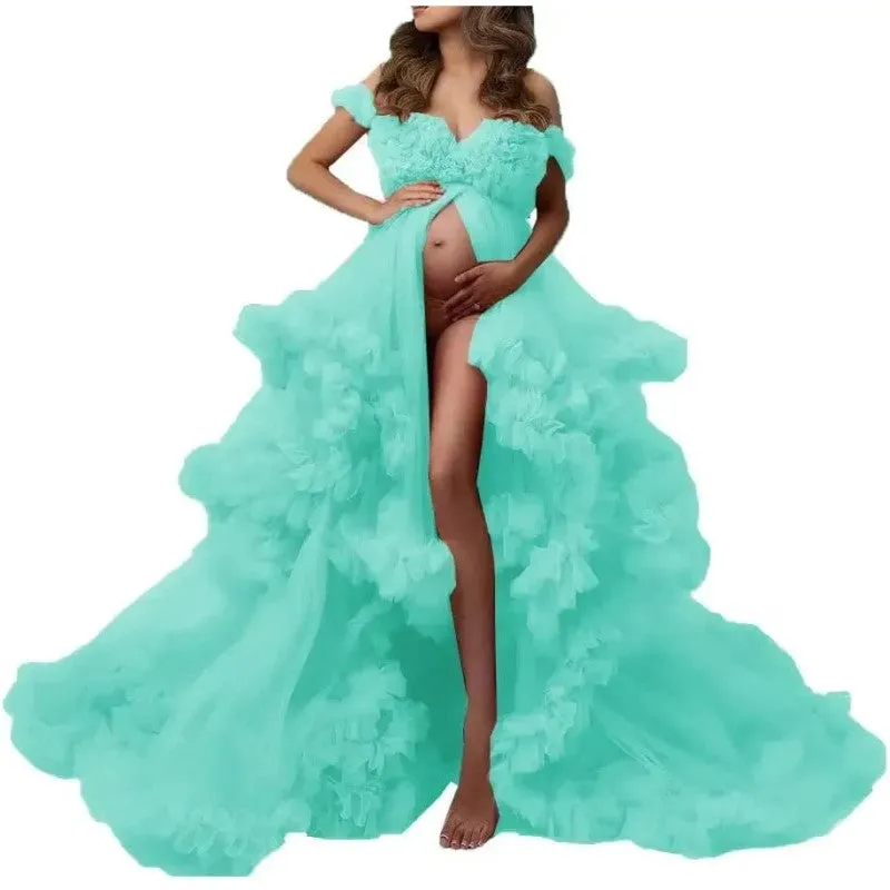 Ladies Gown Perspective Sheer Long Robe Puffy Tulle Robe Sheer for Maternity Photoshoot