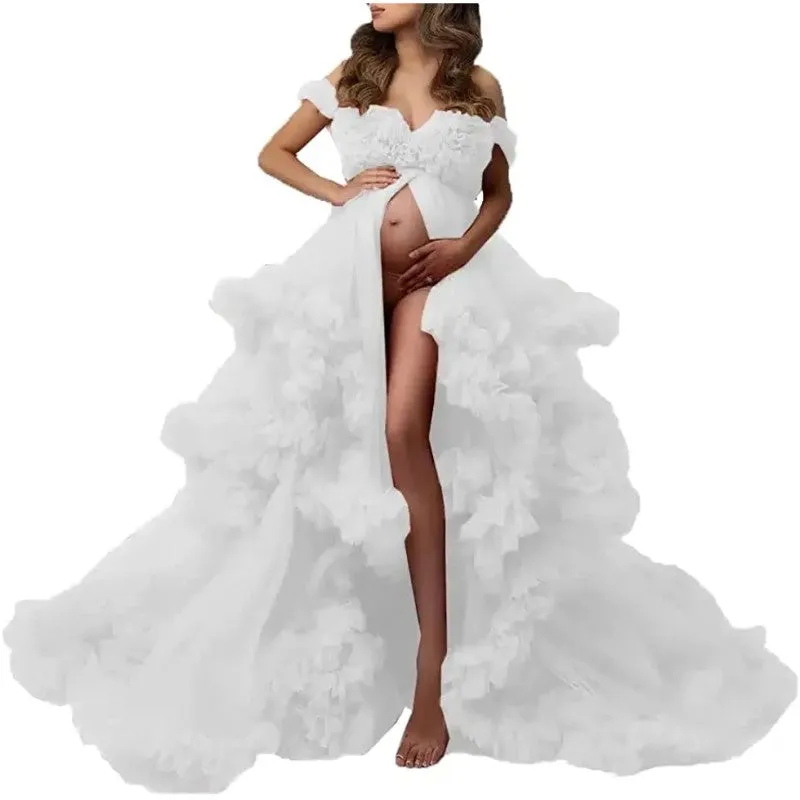 Ladies Gown Perspective Sheer Long Robe Puffy Tulle Robe Sheer for Maternity Photoshoot