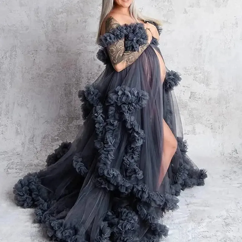 Ladies Gown Perspective Sheer Long Robe Puffy Tulle Robe Sheer for Maternity Photoshoot