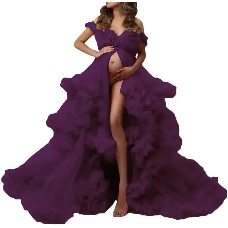 Ladies Gown Perspective Sheer Long Robe Puffy Tulle Robe Sheer for Maternity Photoshoot