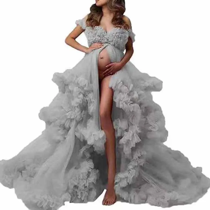 Ladies Gown Perspective Sheer Long Robe Puffy Tulle Robe Sheer for Maternity Photoshoot