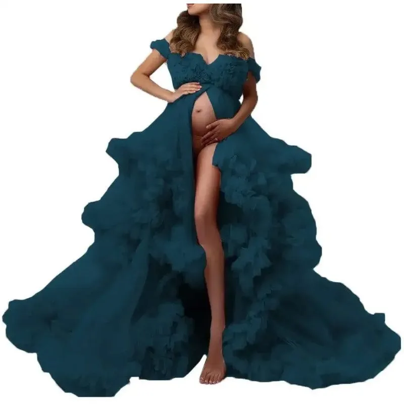 Ladies Gown Perspective Sheer Long Robe Puffy Tulle Robe Sheer for Maternity Photoshoot