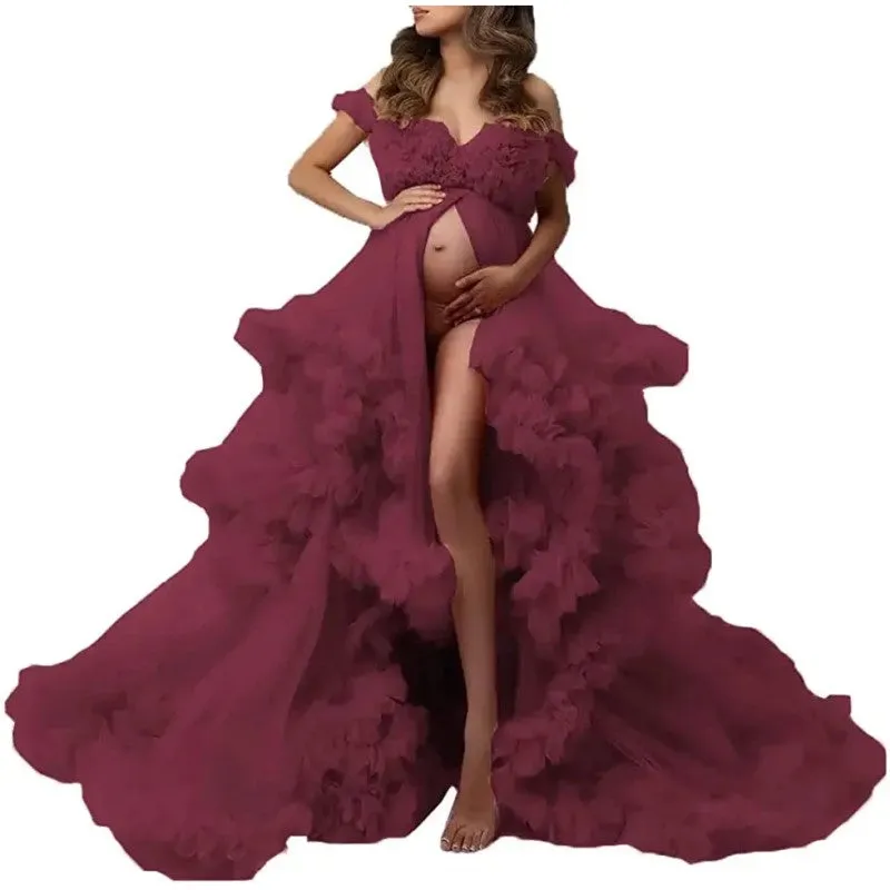 Ladies Gown Perspective Sheer Long Robe Puffy Tulle Robe Sheer for Maternity Photoshoot