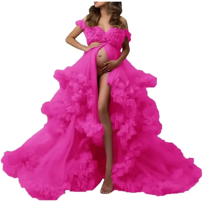 Ladies Gown Perspective Sheer Long Robe Puffy Tulle Robe Sheer for Maternity Photoshoot