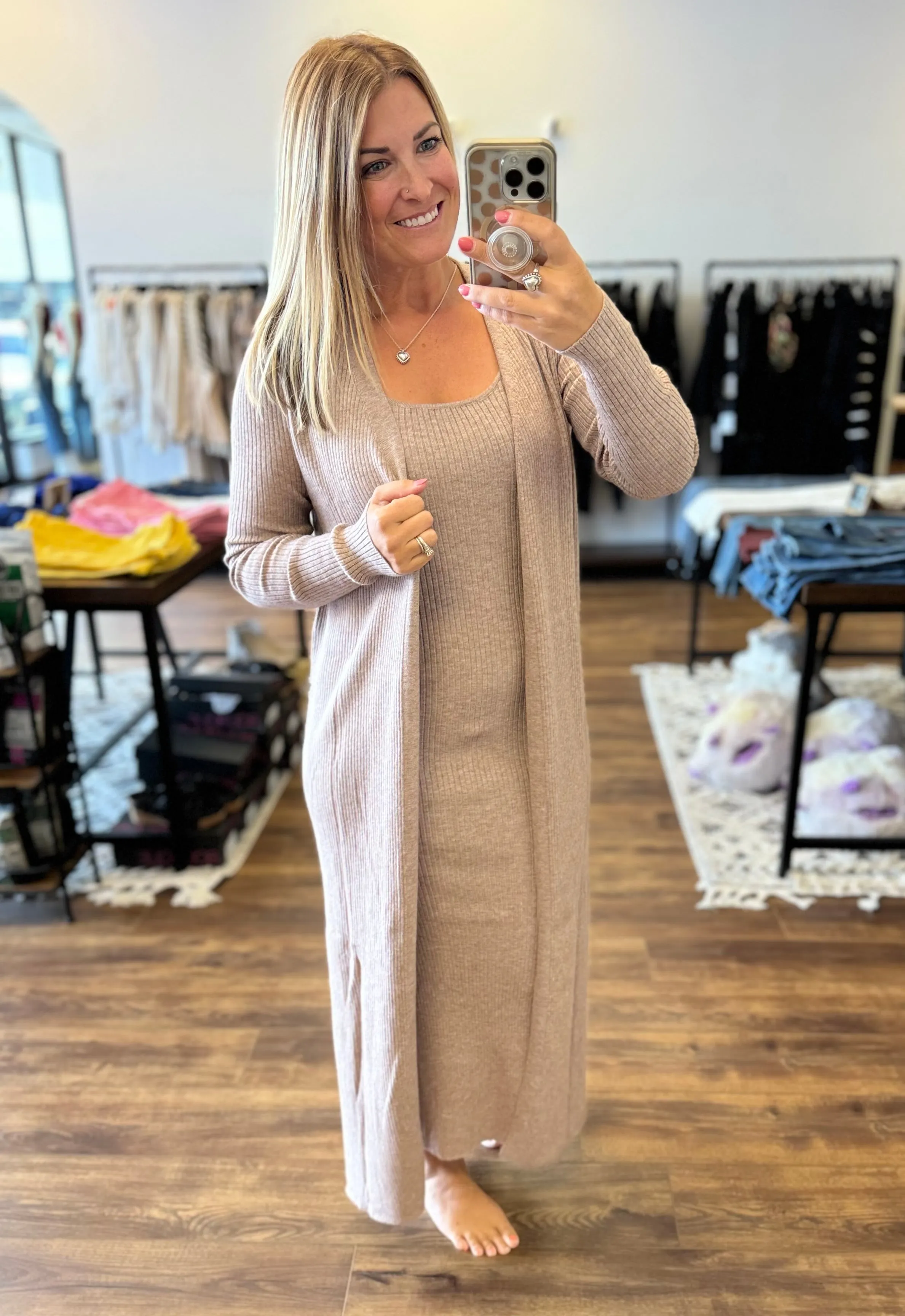 Mary - Ribbed Longline Bodycon Maxi Dress   Cardigan Set