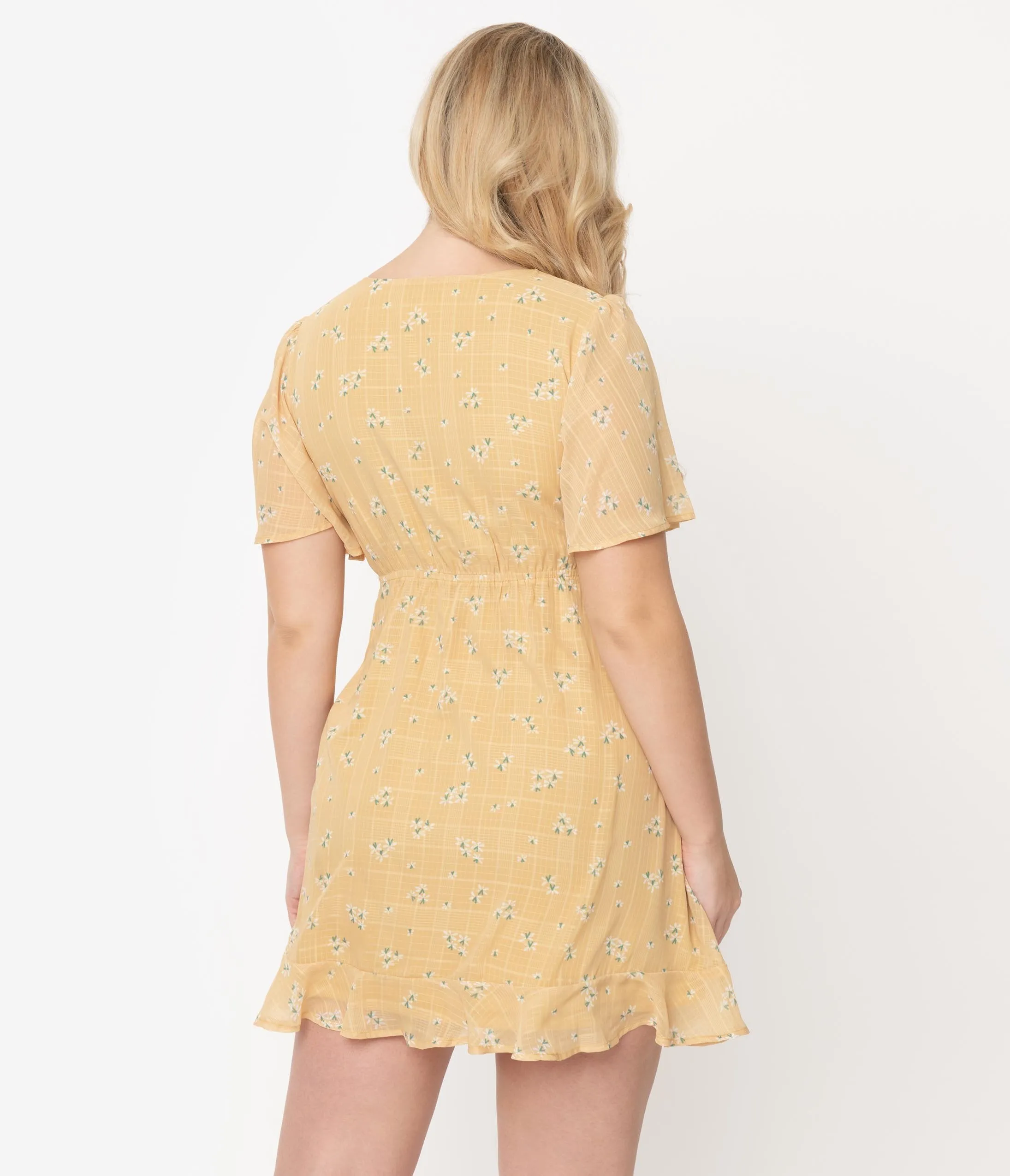 Mustard Yellow Floral Print Flutter Sleeve Mini Dress