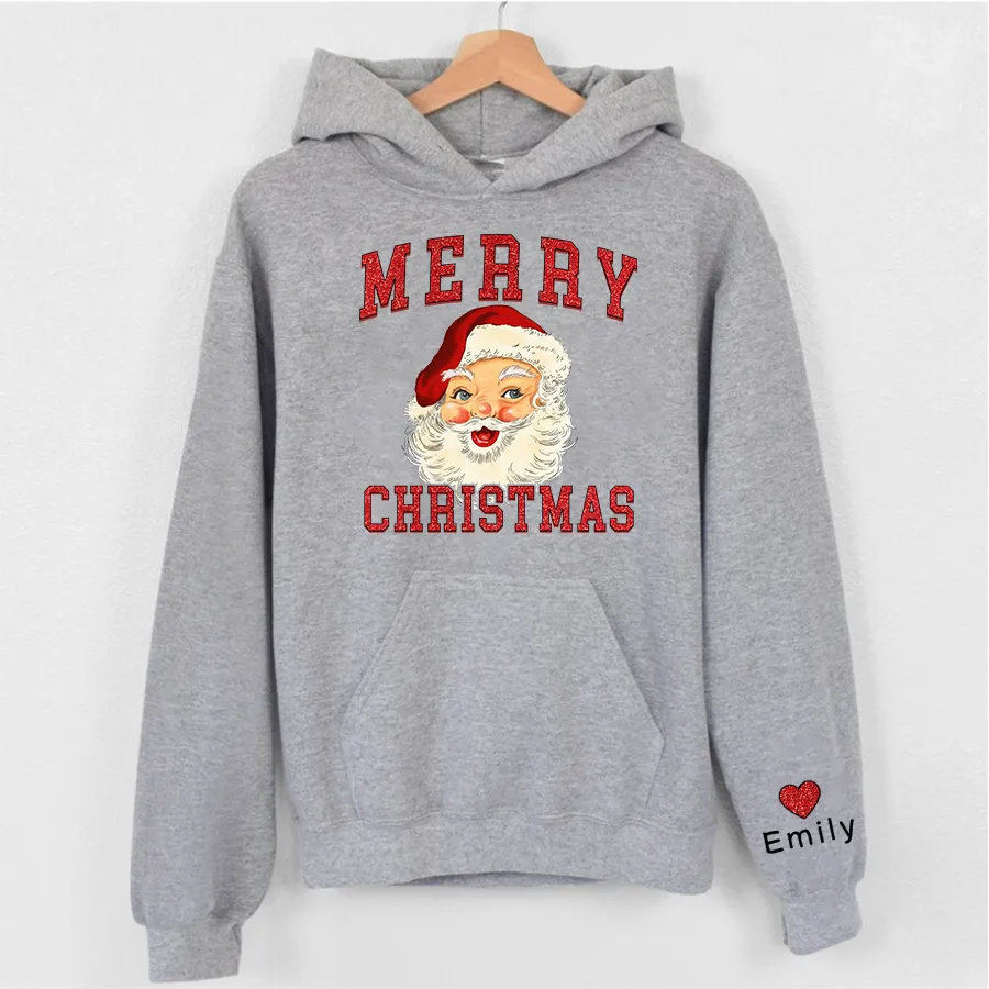 Personalized Merry Christmas Shirt, Retro Santa Shirt, Glitter Hoodie