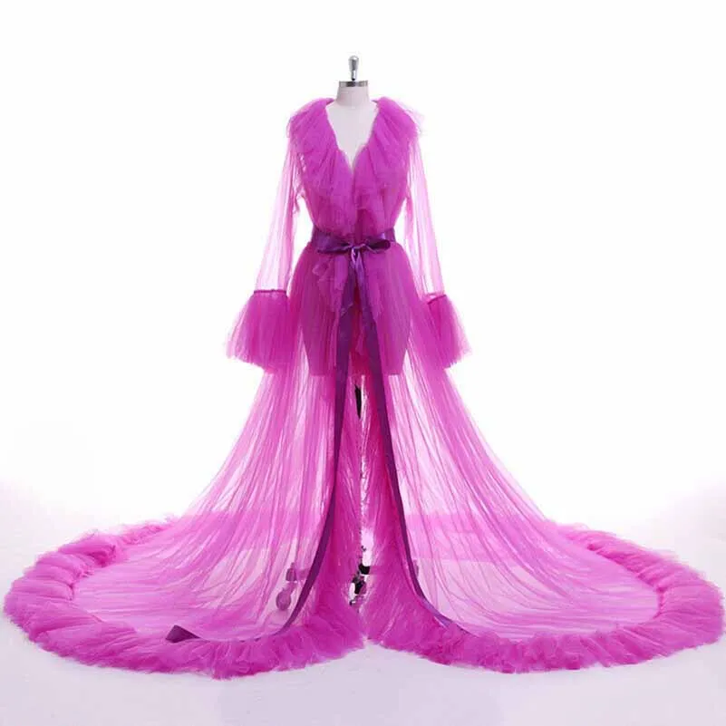 Perspective Sheer Long Robe Puffy Tulle Robe Sheer for Maternity Photoshoot