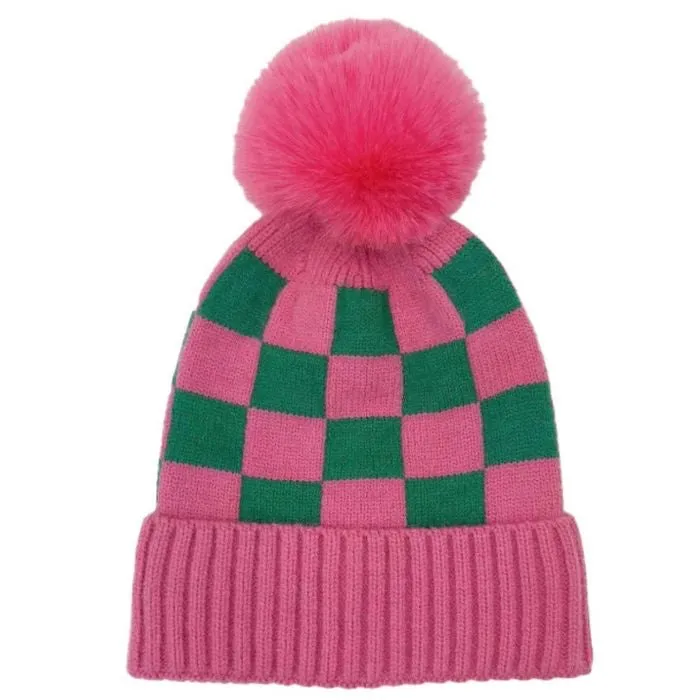 Pink Green Checkerboard Beanie