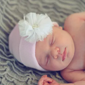 Pink Hat with White Frayed Flower Newborn Girl Hospital Hat - Pink Hat Newborn Hat Infant Hat