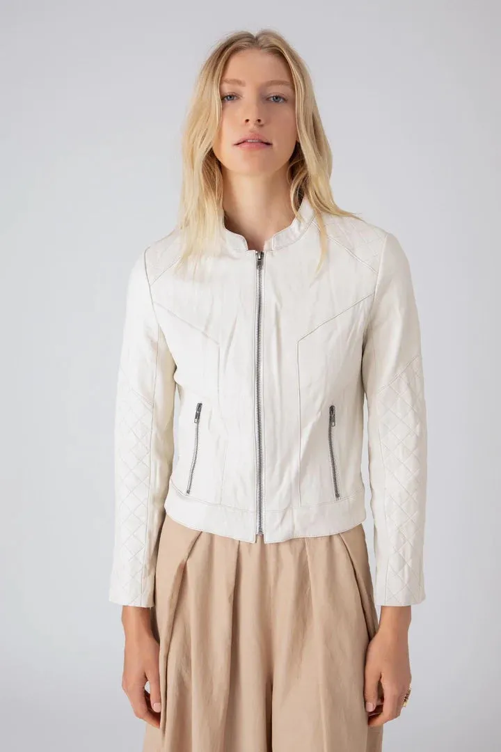 Quilted Washed Leather Jacket - Pearl