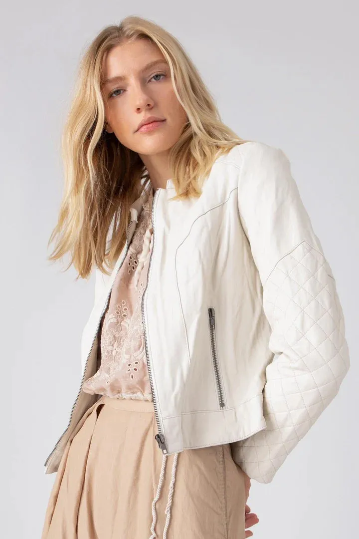 Quilted Washed Leather Jacket - Pearl