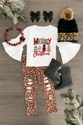 "Merry Christmas" White & Leopard Distressed Legging Set