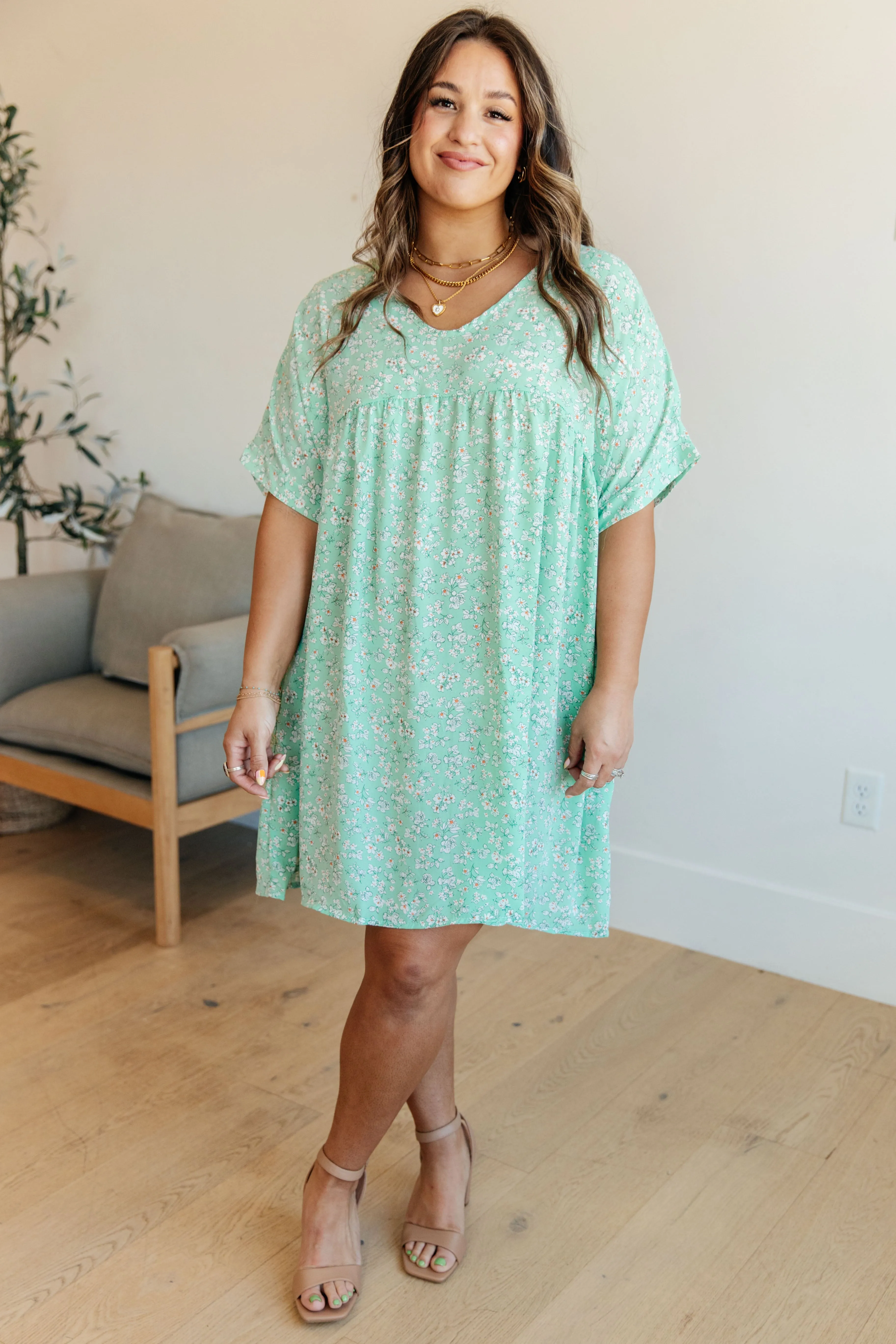 Rodeo Lights Dolman Sleeve Dress in Mint Floral - Haptics