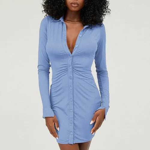 Ruched Black Women's Shirt Dress